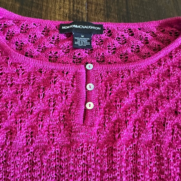 Norton McNaughton | Magenta Pink Pointelle Open Weave Crewneck Sweater, Size M - Picture 8 of 8